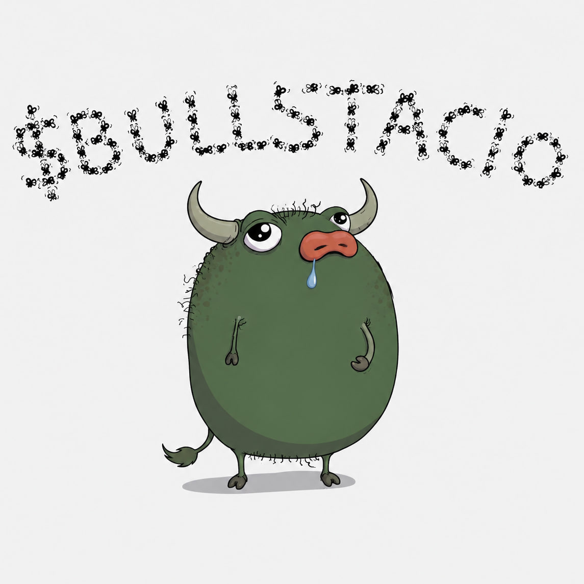 The $Bullstacio mascot: a crying green bull with its name spelled in flies